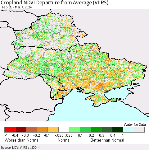 Ukraine, Moldova and Belarus Cropland NDVI Departure from Average (VIIRS) Thematic Map For 2/26/2024 - 3/4/2024
