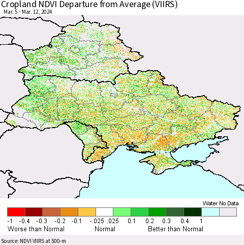 Ukraine, Moldova and Belarus Cropland NDVI Departure from Average (VIIRS) Thematic Map For 3/5/2024 - 3/12/2024
