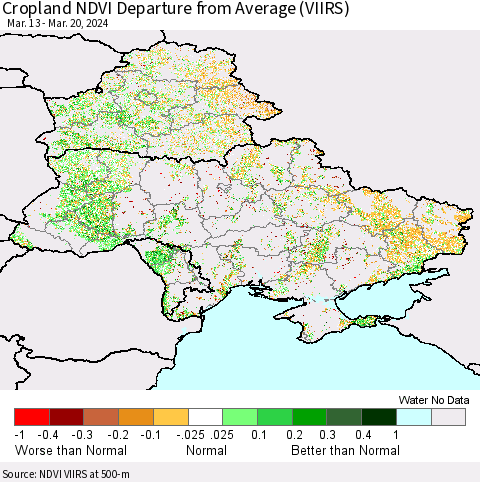 Ukraine, Moldova and Belarus Cropland NDVI Departure from Average (VIIRS) Thematic Map For 3/13/2024 - 3/20/2024