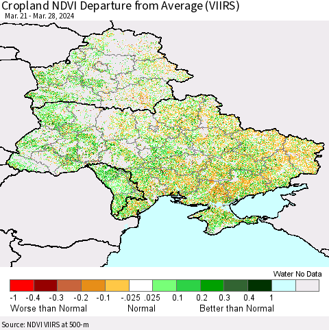 Ukraine, Moldova and Belarus Cropland NDVI Departure from Average (VIIRS) Thematic Map For 3/21/2024 - 3/28/2024
