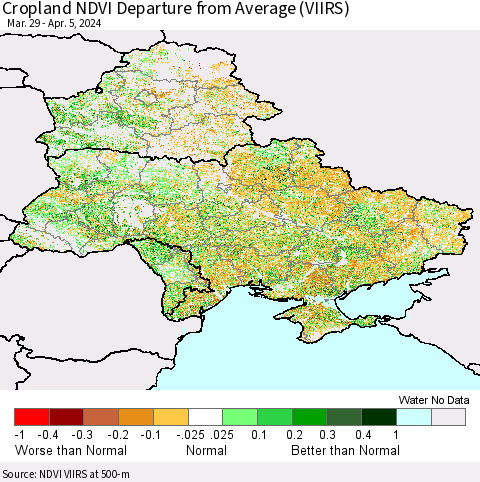 Ukraine, Moldova and Belarus Cropland NDVI Departure from Average (VIIRS) Thematic Map For 3/29/2024 - 4/5/2024