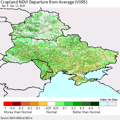 Ukraine, Moldova and Belarus Cropland NDVI Departure from Average (VIIRS) Thematic Map For 4/6/2024 - 4/13/2024