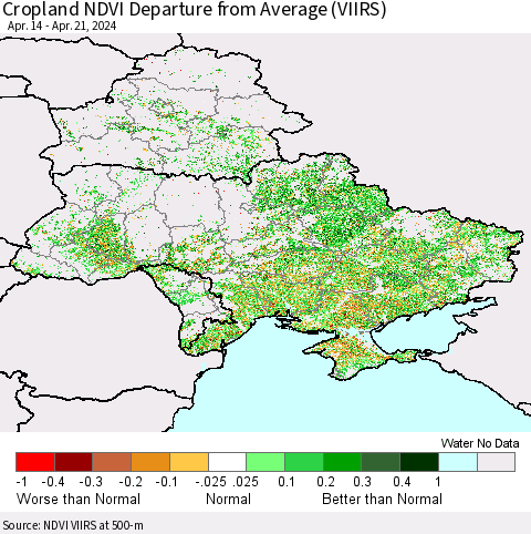 Ukraine, Moldova and Belarus Cropland NDVI Departure from Average (VIIRS) Thematic Map For 4/14/2024 - 4/21/2024
