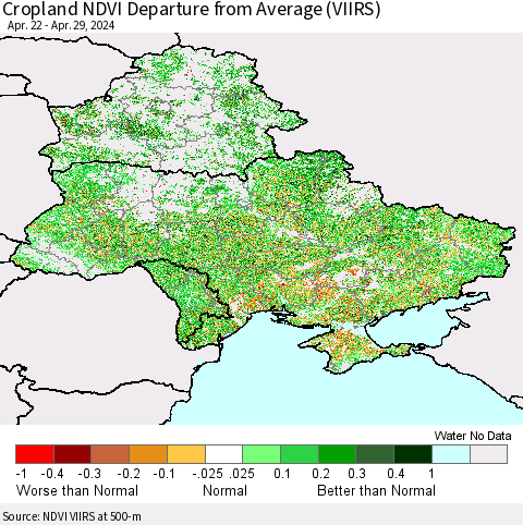 Ukraine, Moldova and Belarus Cropland NDVI Departure from Average (VIIRS) Thematic Map For 4/22/2024 - 4/29/2024