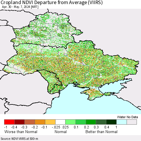 Ukraine, Moldova and Belarus Cropland NDVI Departure from Average (VIIRS) Thematic Map For 4/30/2024 - 5/7/2024