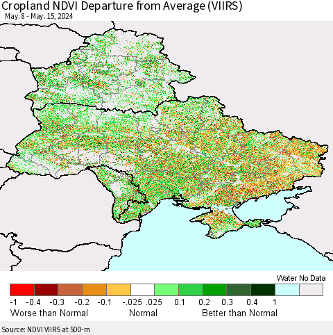 Ukraine, Moldova and Belarus Cropland NDVI Departure from Average (VIIRS) Thematic Map For 5/8/2024 - 5/15/2024