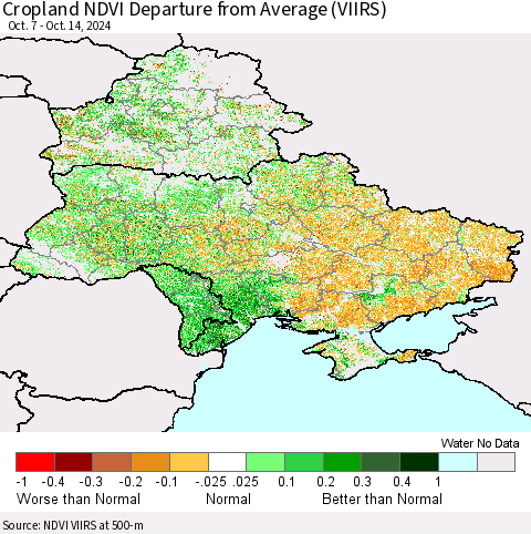 Ukraine, Moldova and Belarus Cropland NDVI Departure from Average (VIIRS) Thematic Map For 10/7/2024 - 10/14/2024