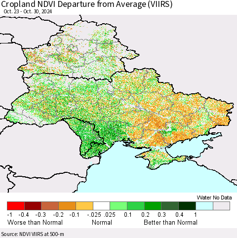 Ukraine, Moldova and Belarus Cropland NDVI Departure from Average (VIIRS) Thematic Map For 10/23/2024 - 10/30/2024