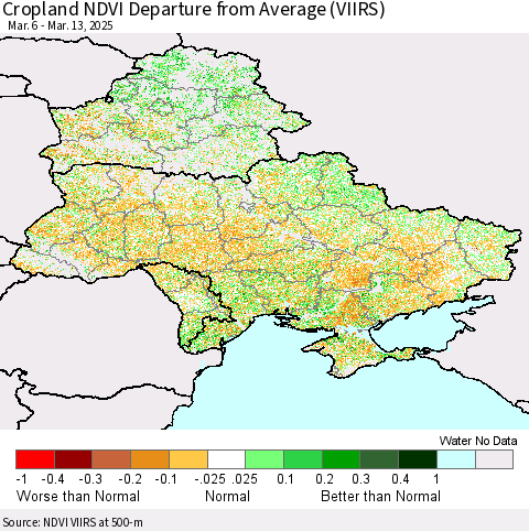 Ukraine, Moldova and Belarus Cropland NDVI Departure from Average (VIIRS) Thematic Map For 3/6/2025 - 3/13/2025