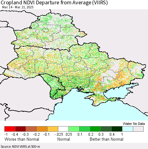 Ukraine, Moldova and Belarus Cropland NDVI Departure from Average (VIIRS) Thematic Map For 3/14/2025 - 3/21/2025