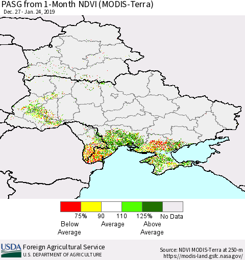 Ukraine, Moldova and Belarus PASG from 1-Month NDVI (Terra-MODIS) Thematic Map For 1/21/2019 - 1/31/2019