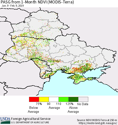 Ukraine, Moldova and Belarus PASG from 1-Month NDVI (Terra-MODIS) Thematic Map For 2/1/2019 - 2/10/2019