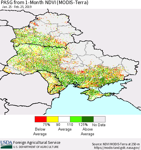 Ukraine, Moldova and Belarus PASG from 1-Month NDVI (Terra-MODIS) Thematic Map For 2/21/2019 - 2/28/2019