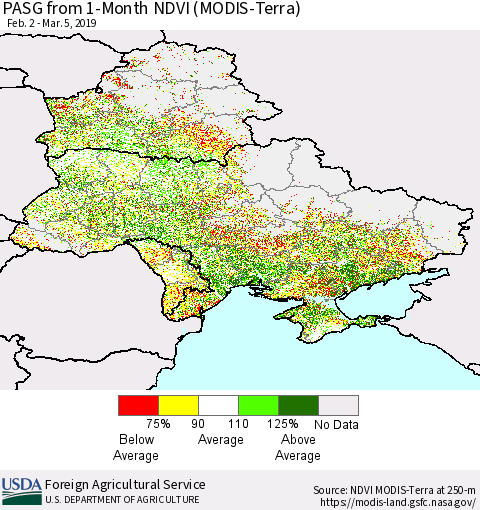 Ukraine, Moldova and Belarus PASG from 1-Month NDVI (Terra-MODIS) Thematic Map For 3/1/2019 - 3/10/2019