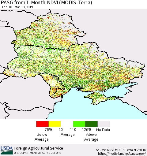 Ukraine, Moldova and Belarus PASG from 1-Month NDVI (Terra-MODIS) Thematic Map For 3/11/2019 - 3/20/2019