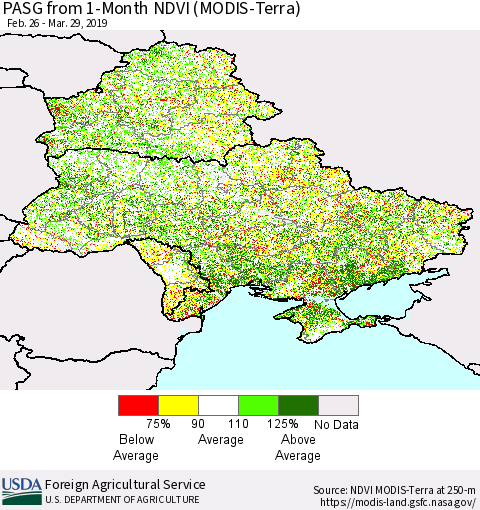 Ukraine, Moldova and Belarus PASG from 1-Month NDVI (Terra-MODIS) Thematic Map For 3/21/2019 - 3/31/2019