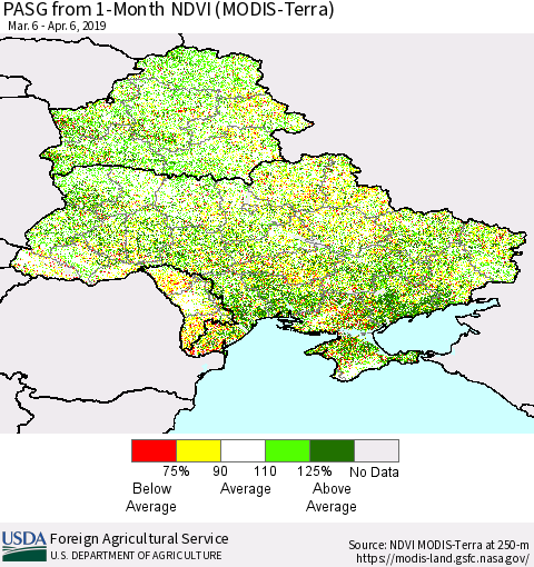 Ukraine, Moldova and Belarus PASG from 1-Month NDVI (Terra-MODIS) Thematic Map For 4/1/2019 - 4/10/2019