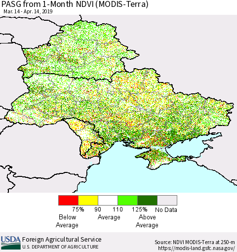 Ukraine, Moldova and Belarus PASG from 1-Month NDVI (Terra-MODIS) Thematic Map For 4/11/2019 - 4/20/2019