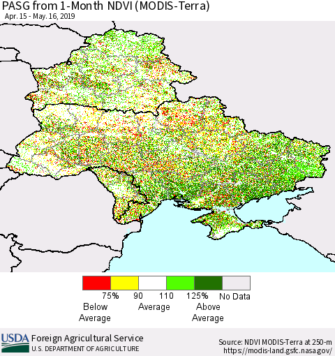 Ukraine, Moldova and Belarus PASG from 1-Month NDVI (MODIS-Terra) Thematic Map For 5/11/2019 - 5/20/2019