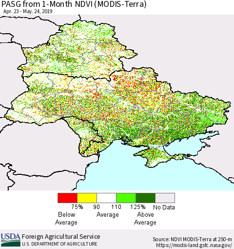 Ukraine, Moldova and Belarus PASG from 1-Month NDVI (MODIS-Terra) Thematic Map For 5/21/2019 - 5/31/2019