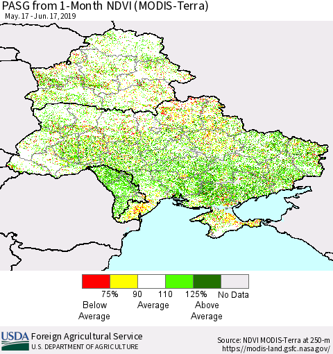 Ukraine, Moldova and Belarus PASG from 1-Month NDVI (Terra-MODIS) Thematic Map For 6/11/2019 - 6/20/2019