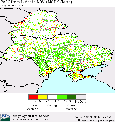 Ukraine, Moldova and Belarus PASG from 1-Month NDVI (Terra-MODIS) Thematic Map For 6/21/2019 - 6/30/2019