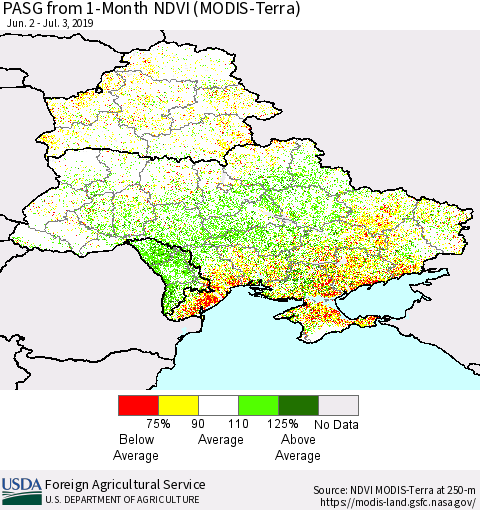 Ukraine, Moldova and Belarus PASG from 1-Month NDVI (Terra-MODIS) Thematic Map For 7/1/2019 - 7/10/2019