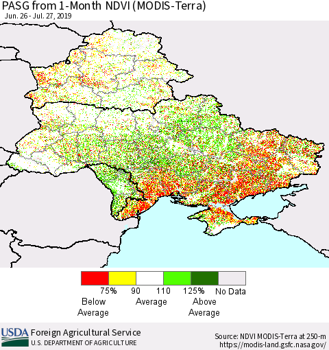 Ukraine, Moldova and Belarus PASG from 1-Month NDVI (Terra-MODIS) Thematic Map For 7/21/2019 - 7/31/2019