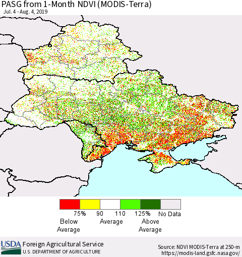 Ukraine, Moldova and Belarus PASG from 1-Month NDVI (Terra-MODIS) Thematic Map For 8/1/2019 - 8/10/2019