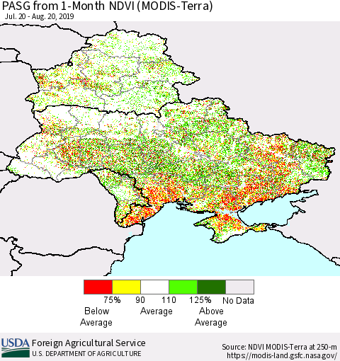 Ukraine, Moldova and Belarus PASG from 1-Month NDVI (MODIS-Terra) Thematic Map For 8/11/2019 - 8/20/2019