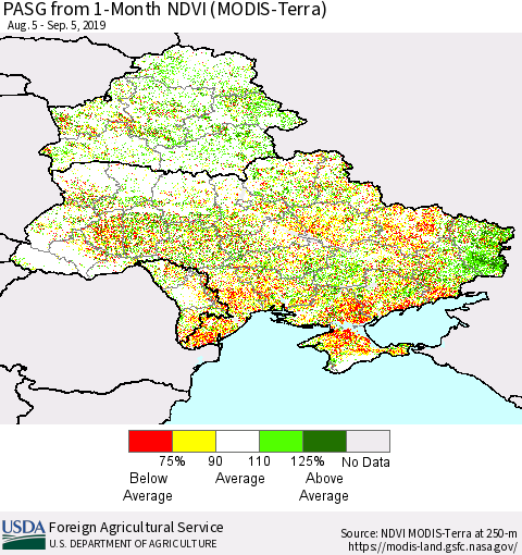 Ukraine, Moldova and Belarus PASG from 1-Month NDVI (MODIS-Terra) Thematic Map For 9/1/2019 - 9/10/2019