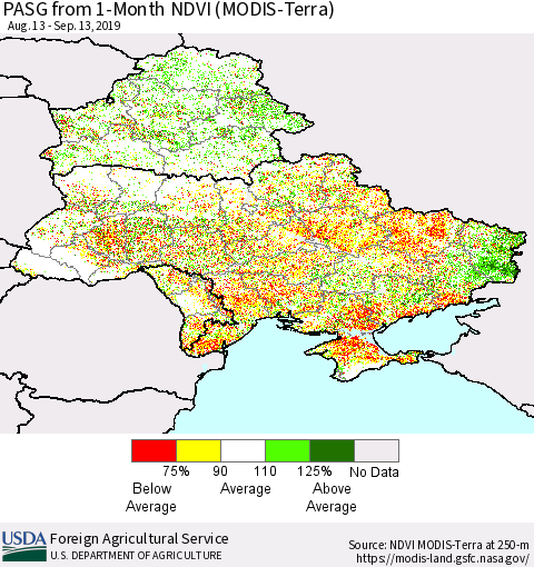 Ukraine, Moldova and Belarus PASG from 1-Month NDVI (MODIS-Terra) Thematic Map For 9/11/2019 - 9/20/2019