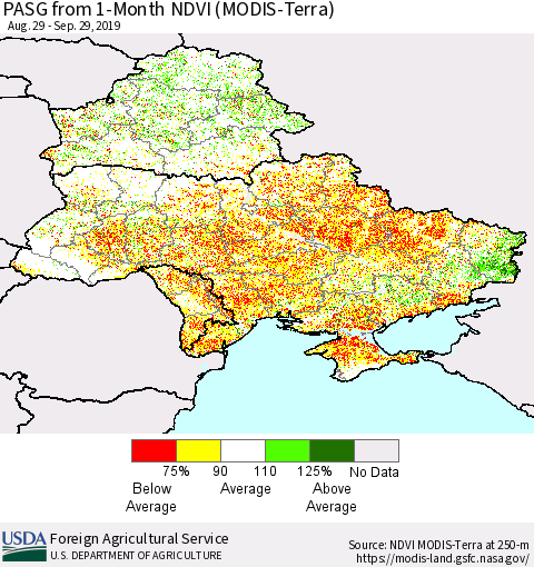 Ukraine, Moldova and Belarus PASG from 1-Month NDVI (Terra-MODIS) Thematic Map For 9/21/2019 - 9/30/2019