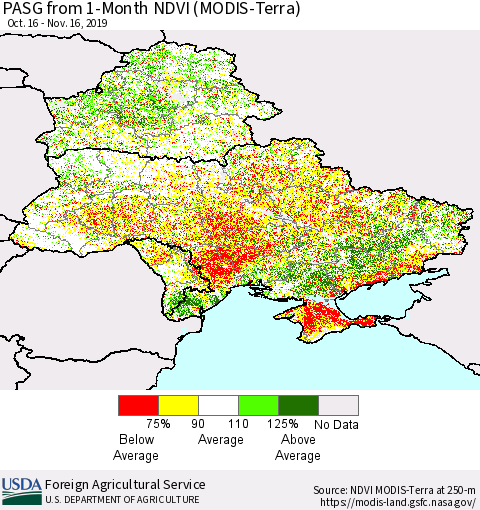 Ukraine, Moldova and Belarus PASG from 1-Month NDVI (Terra-MODIS) Thematic Map For 11/11/2019 - 11/20/2019