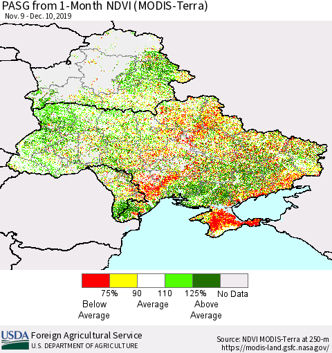 Ukraine, Moldova and Belarus PASG from 1-Month NDVI (Terra-MODIS) Thematic Map For 12/1/2019 - 12/10/2019