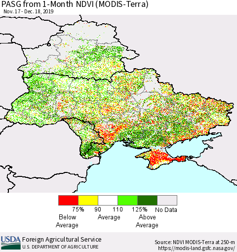 Ukraine, Moldova and Belarus PASG from 1-Month NDVI (MODIS-Terra) Thematic Map For 12/11/2019 - 12/20/2019