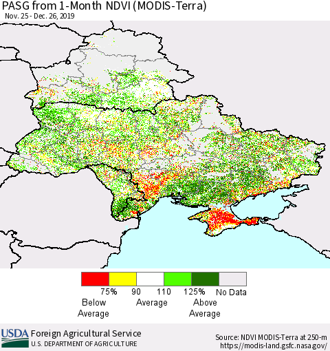 Ukraine, Moldova and Belarus PASG from 1-Month NDVI (Terra-MODIS) Thematic Map For 12/21/2019 - 12/31/2019