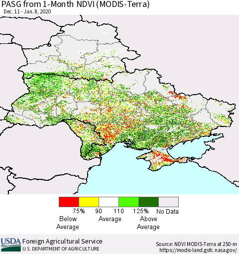 Ukraine, Moldova and Belarus PASG from 1-Month NDVI (Terra-MODIS) Thematic Map For 1/1/2020 - 1/10/2020