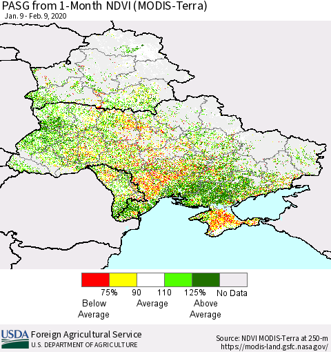 Ukraine, Moldova and Belarus PASG from 1-Month NDVI (Terra-MODIS) Thematic Map For 2/1/2020 - 2/10/2020
