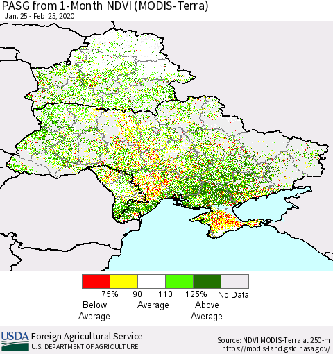 Ukraine, Moldova and Belarus PASG from 1-Month NDVI (Terra-MODIS) Thematic Map For 2/21/2020 - 2/29/2020