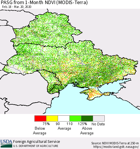 Ukraine, Moldova and Belarus PASG from 1-Month NDVI (Terra-MODIS) Thematic Map For 3/11/2020 - 3/20/2020