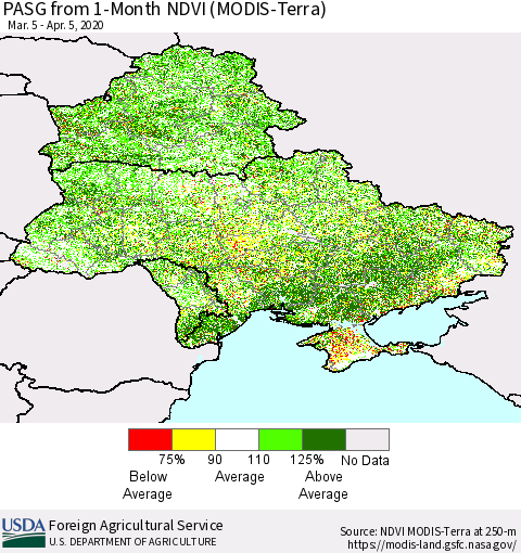 Ukraine, Moldova and Belarus PASG from 1-Month NDVI (Terra-MODIS) Thematic Map For 4/1/2020 - 4/10/2020