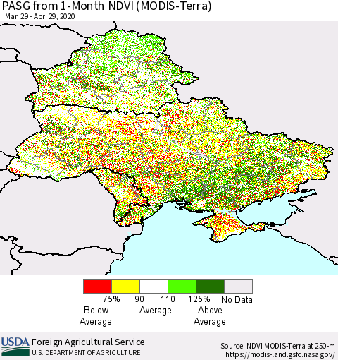 Ukraine, Moldova and Belarus PASG from 1-Month NDVI (Terra-MODIS) Thematic Map For 4/21/2020 - 4/30/2020