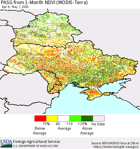Ukraine, Moldova and Belarus PASG from 1-Month NDVI (Terra-MODIS) Thematic Map For 5/1/2020 - 5/10/2020