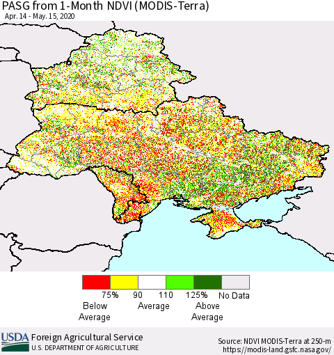 Ukraine, Moldova and Belarus PASG from 1-Month NDVI (Terra-MODIS) Thematic Map For 5/11/2020 - 5/20/2020