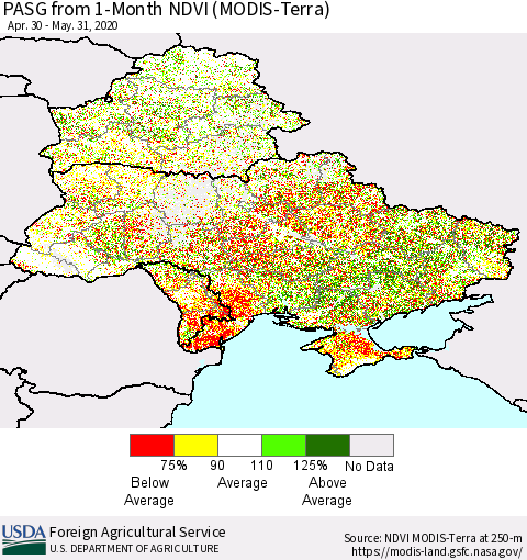 Ukraine, Moldova and Belarus PASG from 1-Month NDVI (Terra-MODIS) Thematic Map For 5/21/2020 - 5/31/2020