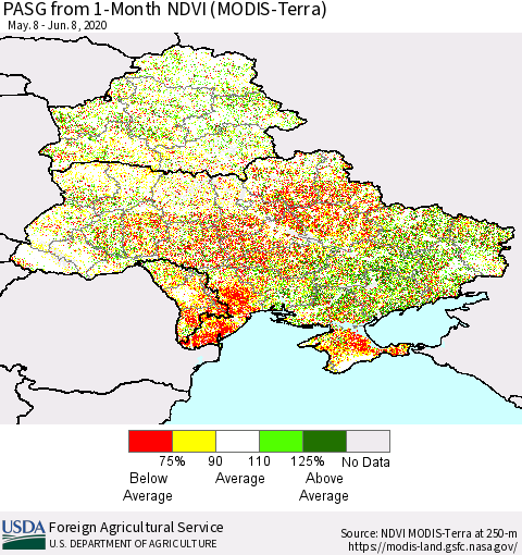 Ukraine, Moldova and Belarus PASG from 1-Month NDVI (Terra-MODIS) Thematic Map For 6/1/2020 - 6/10/2020