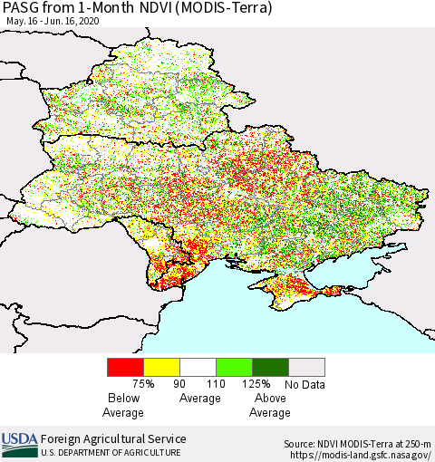 Ukraine, Moldova and Belarus PASG from 1-Month NDVI (Terra-MODIS) Thematic Map For 6/11/2020 - 6/20/2020