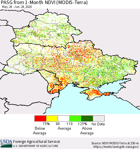 Ukraine, Moldova and Belarus PASG from 1-Month NDVI (Terra-MODIS) Thematic Map For 6/21/2020 - 6/30/2020