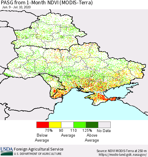 Ukraine, Moldova and Belarus PASG from 1-Month NDVI (Terra-MODIS) Thematic Map For 7/1/2020 - 7/10/2020